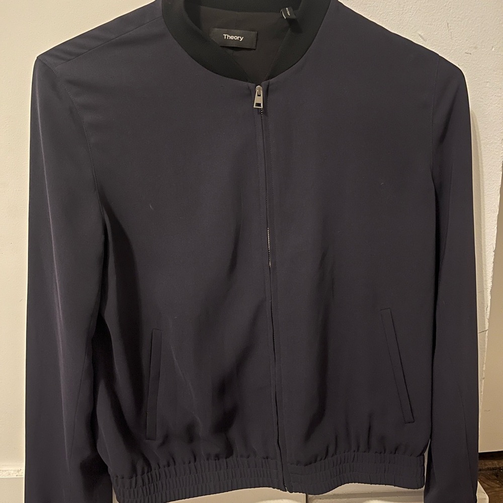 Theory Night Sky Navy Drapey Crepe Bomber Jacket